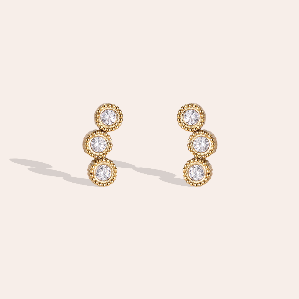 Stainless steel earrings, 10mm, three round cubic zirconia stones    