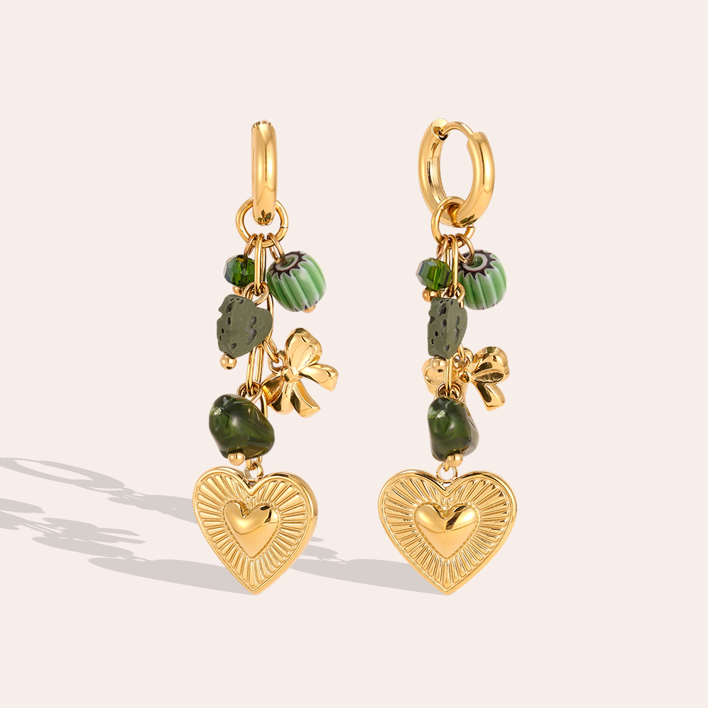 Stainless steel earrings, 55 × 16 mm, with golden hearts and green embellishments