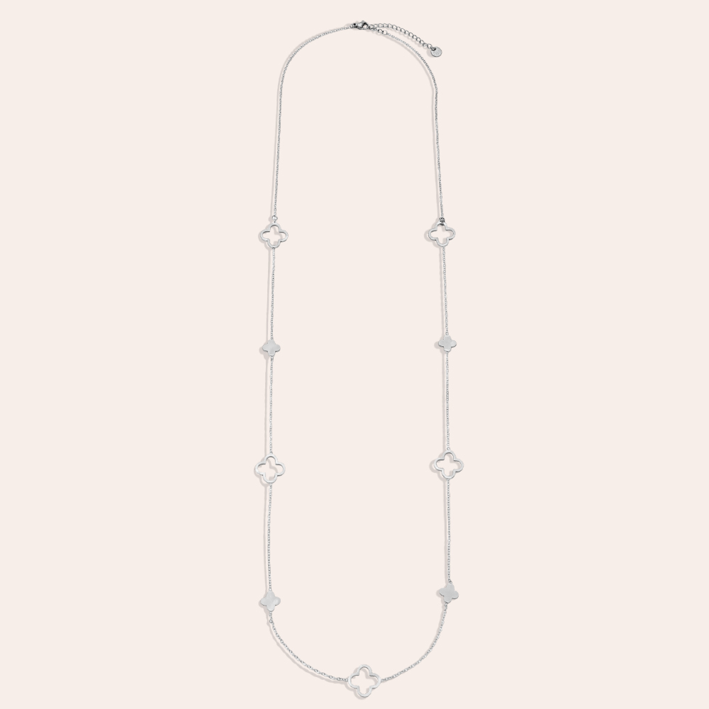 Stainless steel necklace, 80 cm, featuring a few distinctive, simple shamrocks  