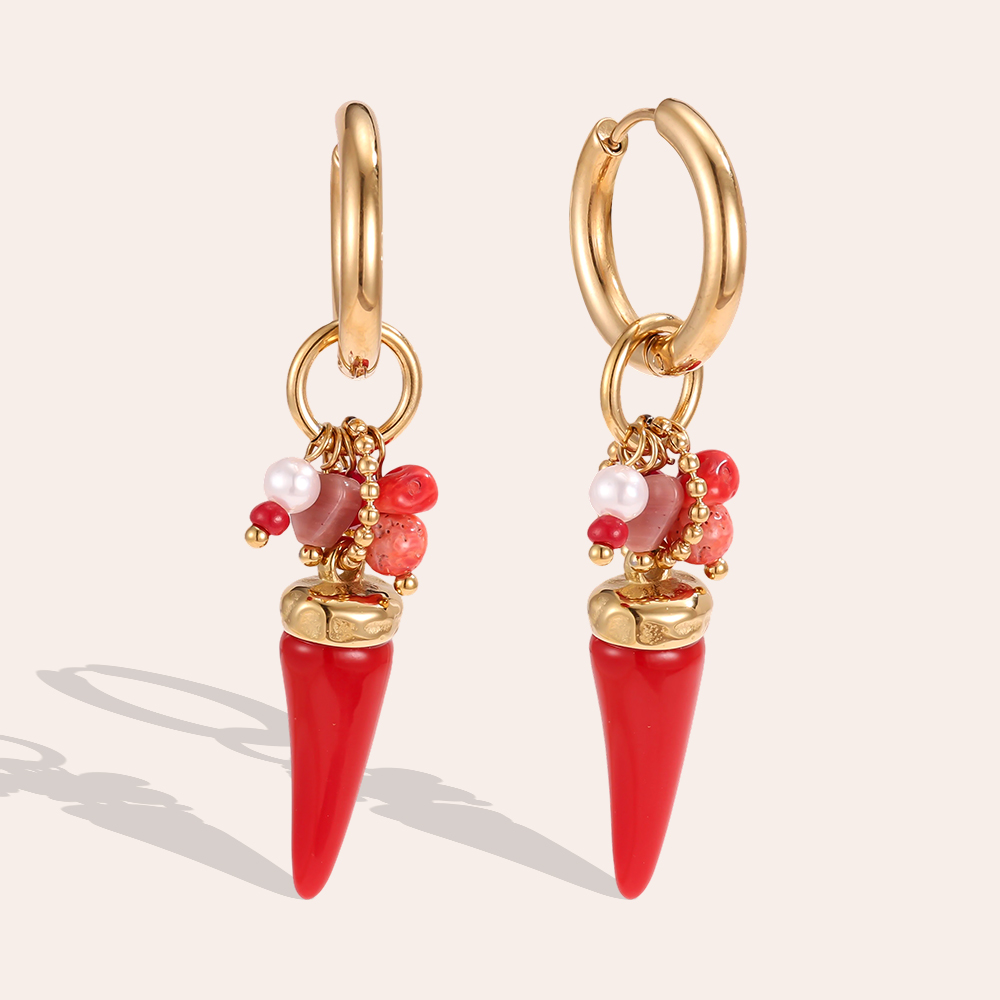 Stainless steel earrings, 56×20 mm, red chilli beads