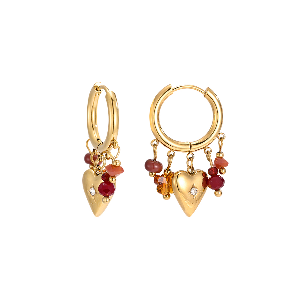 Stainless steel earrings, 32×17 mm, heart-shaped with brown crystal   