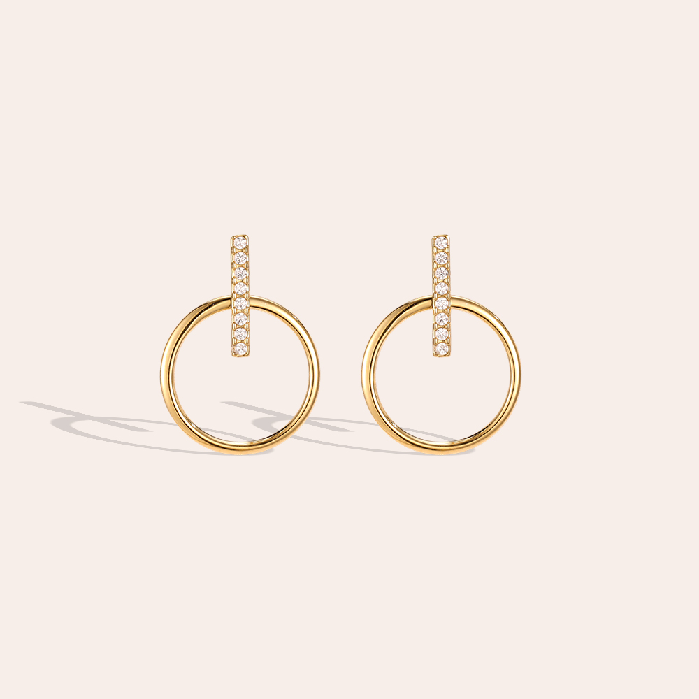 Stainless steel earrings, 20 mm, with cubic zirconia and a ring