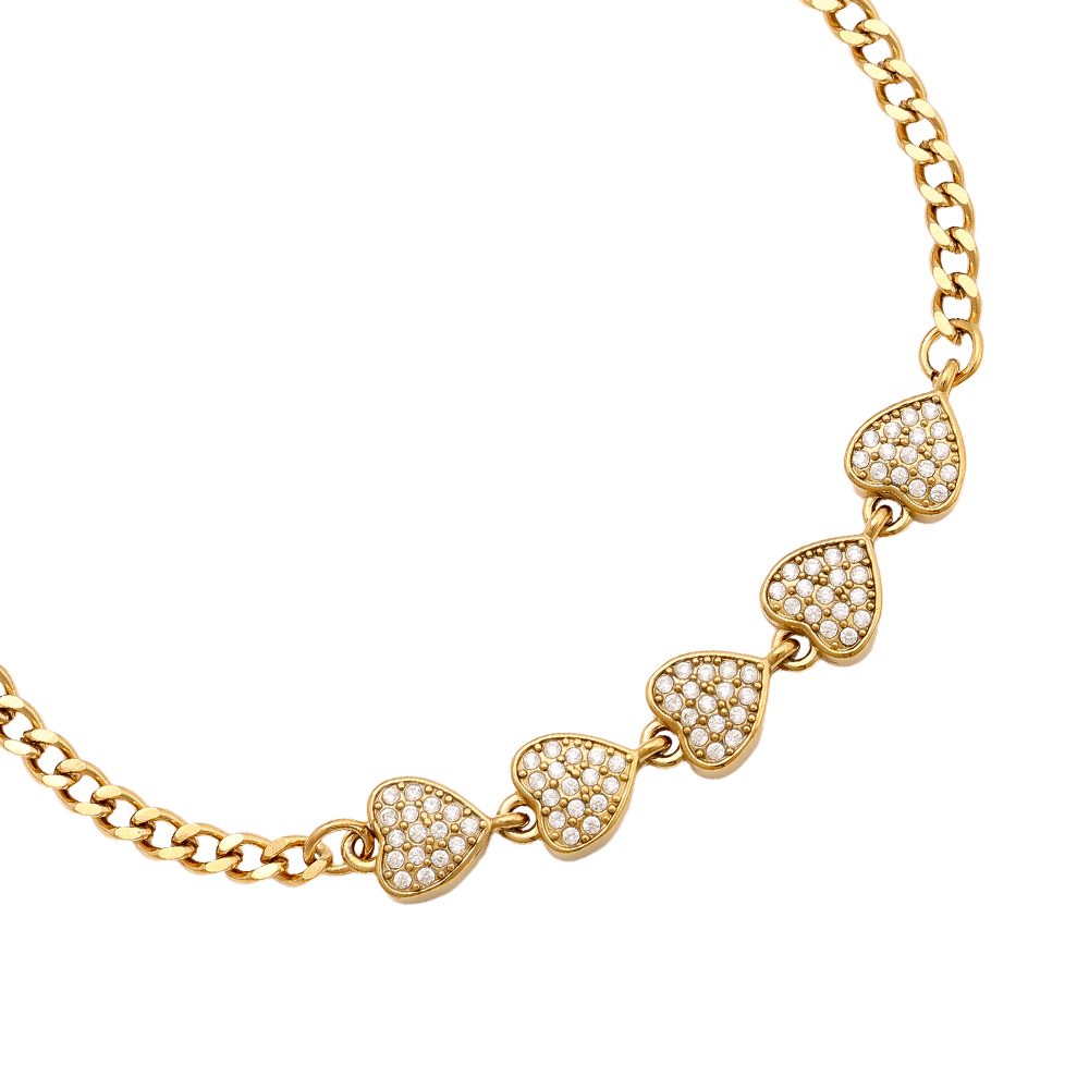 Stainless steel bracelet, 16 cm, with 5 zirconia hearts