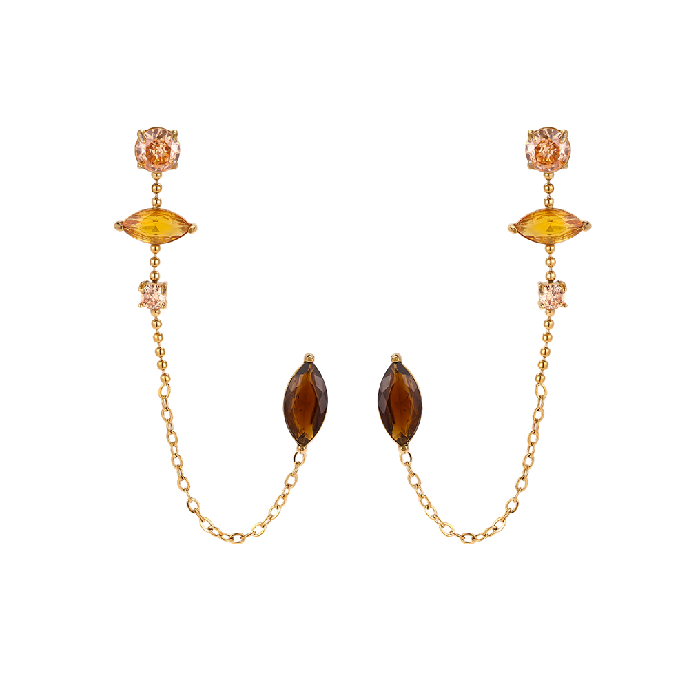 Stainless steel earrings, 20×35 mm, brown cubic zirconia with chains  