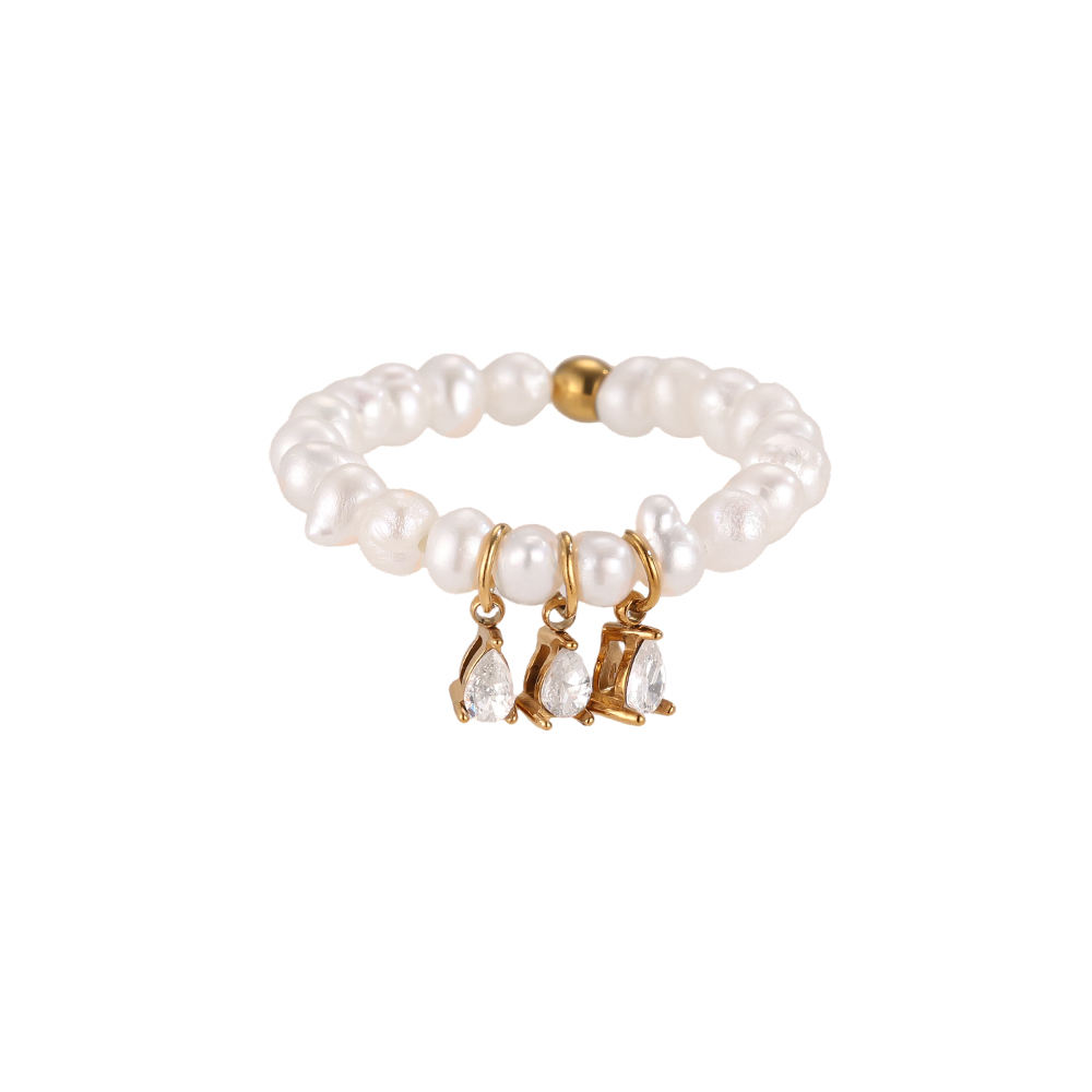 Stainless steel ring with adjustable elastic band, pearls and small cubic zirconia