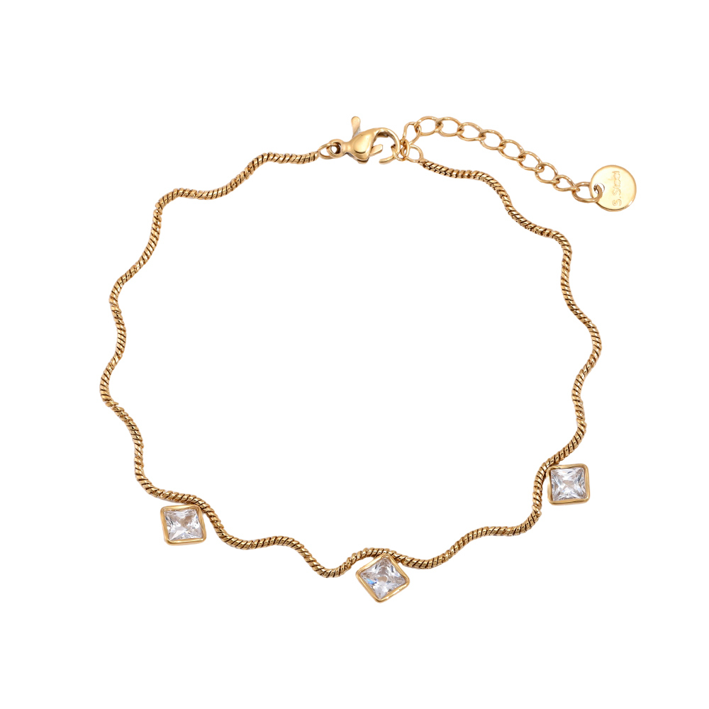 Stainless steel bracelet, 17 cm, wave chain with cube-cut zirconia