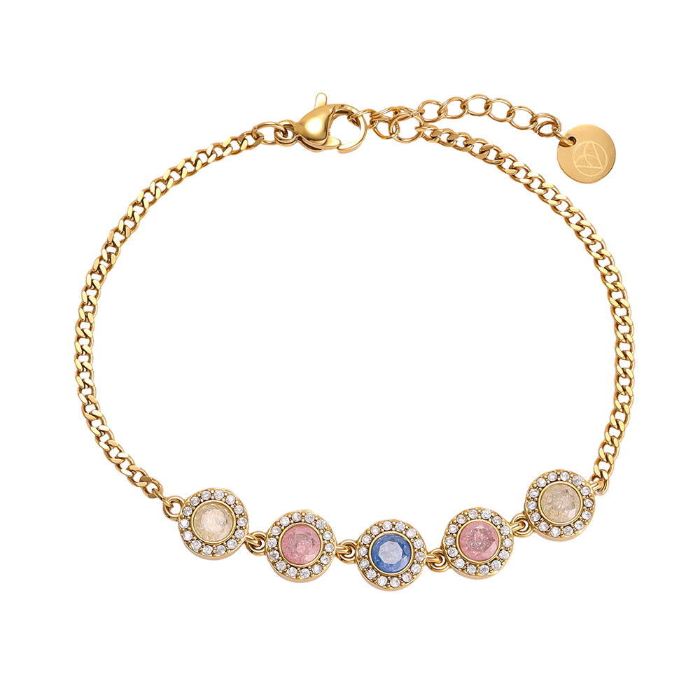 Stainless steel bracelet, 17 cm, with 5 colourful, sparkling cubic zirconia stones  