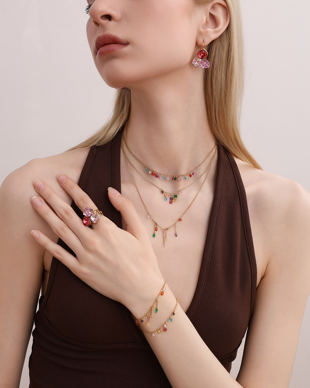 Stainless steel earrings, 30 × 21 mm. Three large glass stones in different colours