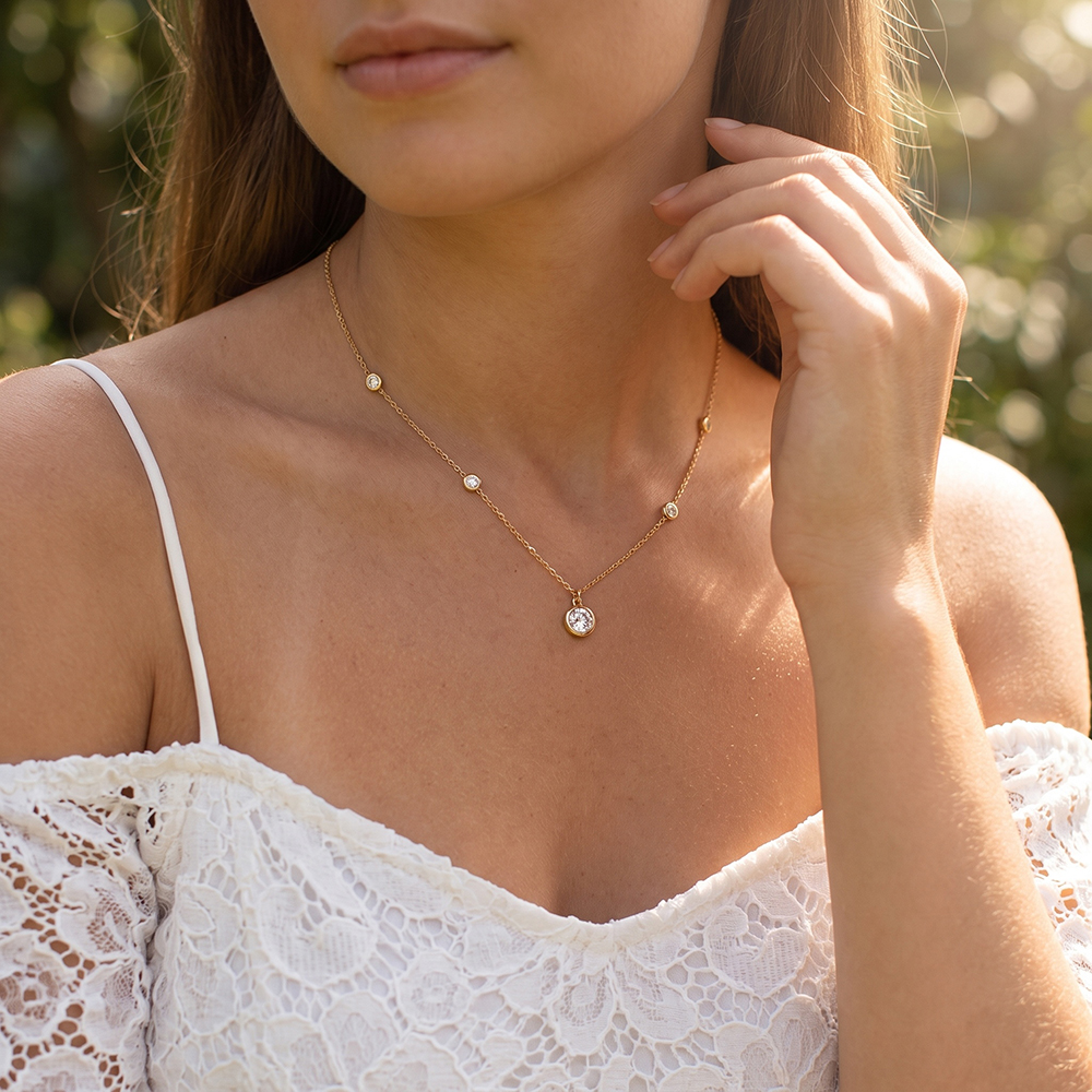 Stainless steel necklace, 40 cm, round cubic zirconia