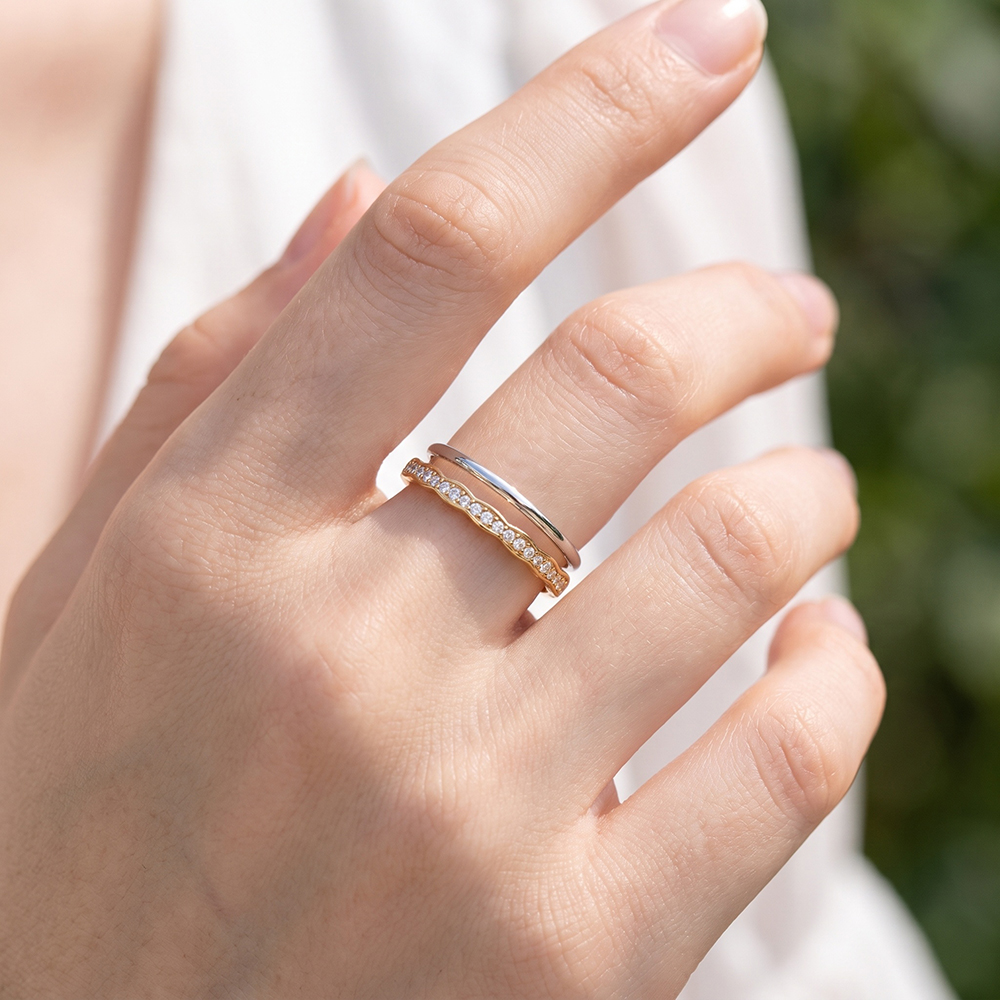 Stainless steel ring, adjustable, two-tone double ring, subtle wave design with small cubic zirconia stones  
