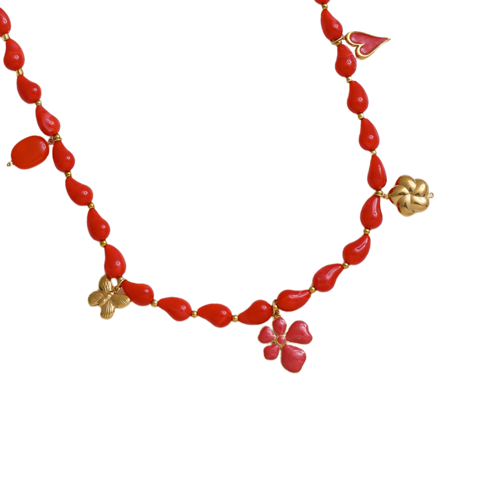 Stainless steel necklace 89cm necklace with resin drops and golden butterfly, flower, heart