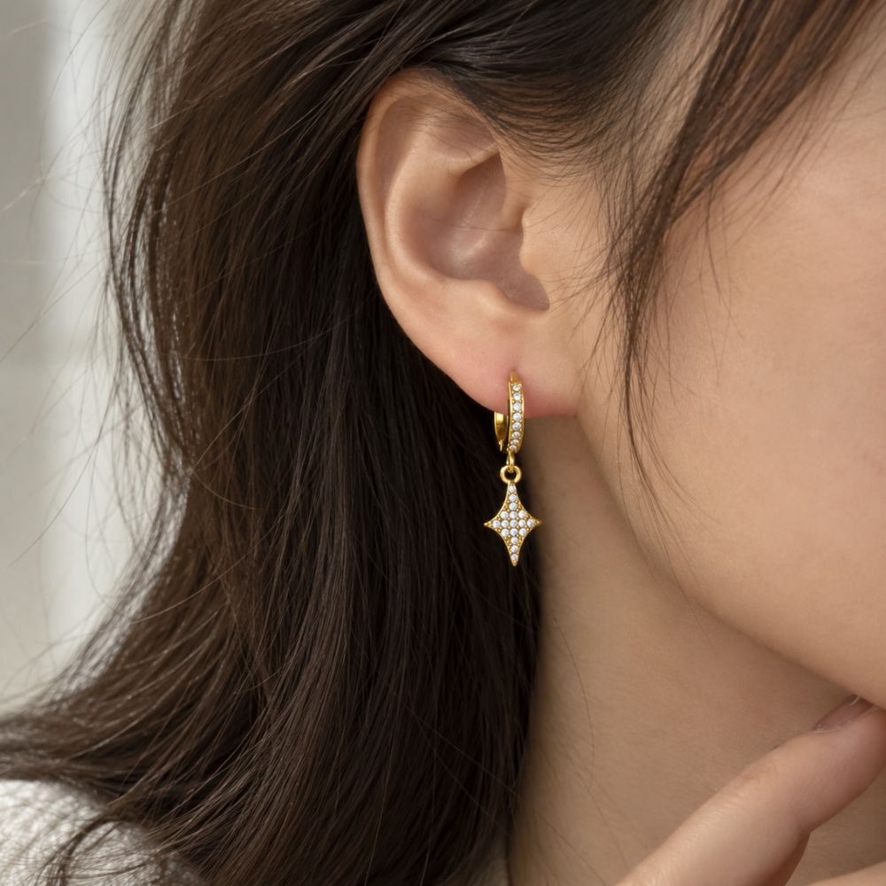 Stainless steel earrings, 27mm, cubic zirconia, four-pointed star