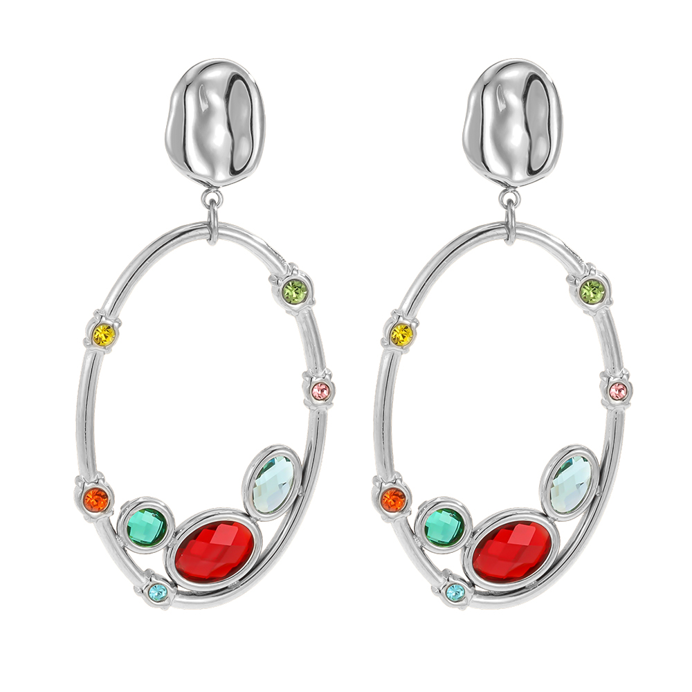 Stainless steel earrings, 46 × 23 mm, loop design, multicoloured cubic zirconia