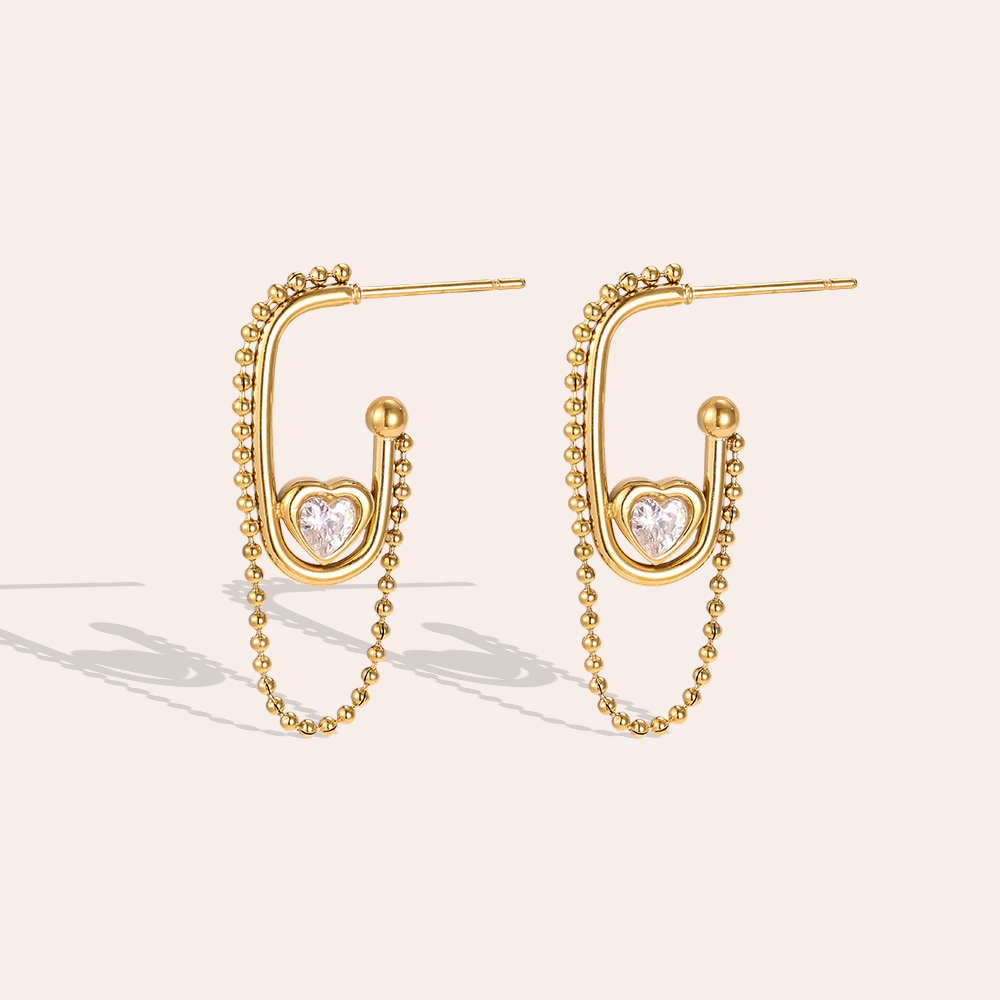 Stainless steel earrings, 32×13 mm, heart-shaped with cubic zirconia in an oval setting
