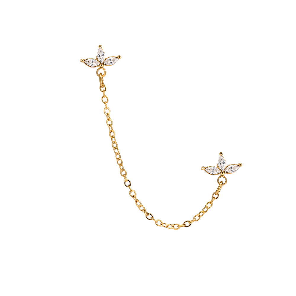 Stainless steel earrings, 60mm leaf-shaped cubic zirconia with chain  
