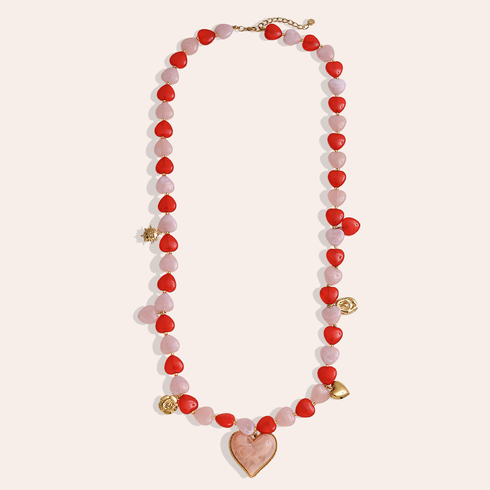 Stainless steel necklace 87cm small resin hearts