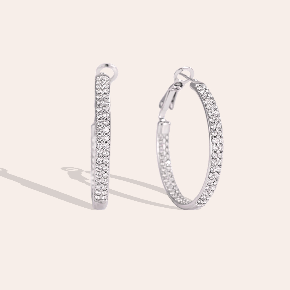 Stainless steel earrings, 32 mm, double-row, cubic zirconia