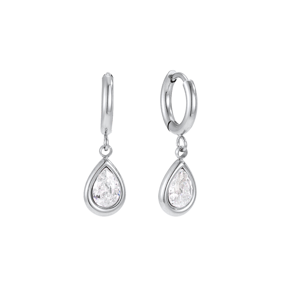 Stainless steel earrings, 23mm teardrop-shaped cubic zirconia