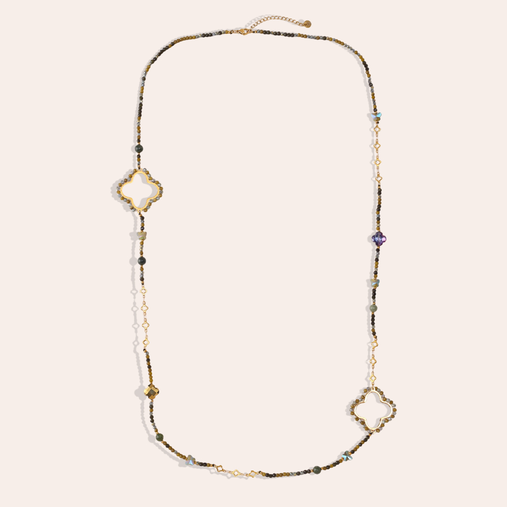 Stainless steel necklace 96cm cloverleaf and crystals