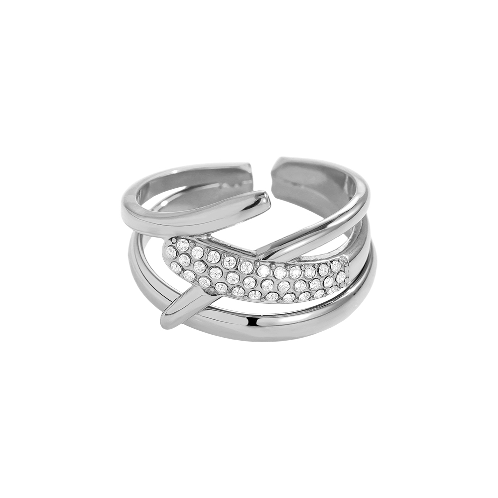 Stainless Steel Ring, Adjustable, with Zirconia, Multi-row, Crossed Design