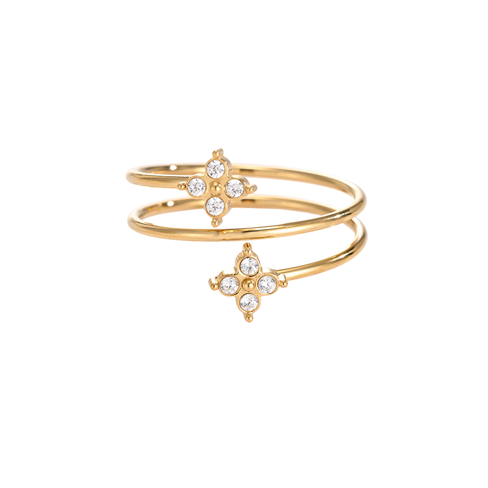 Stainless Steel Ring, Adjustable, Double Cloverleaf, Zirconia, Multi-row