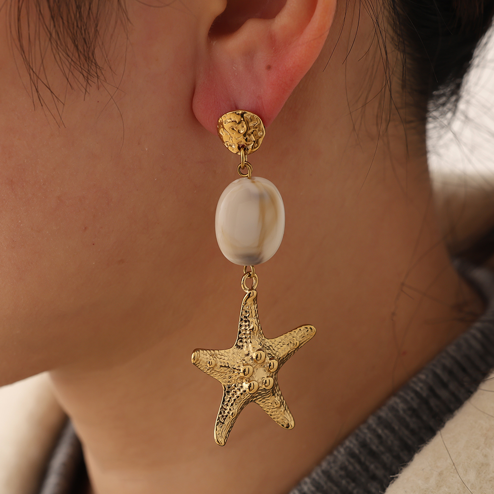Stainless steel earrings 7cm large starfish and green acrylic