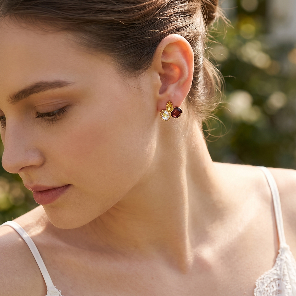 Stainless steel earrings, 21×22 mm, with three glass stones in different colours 