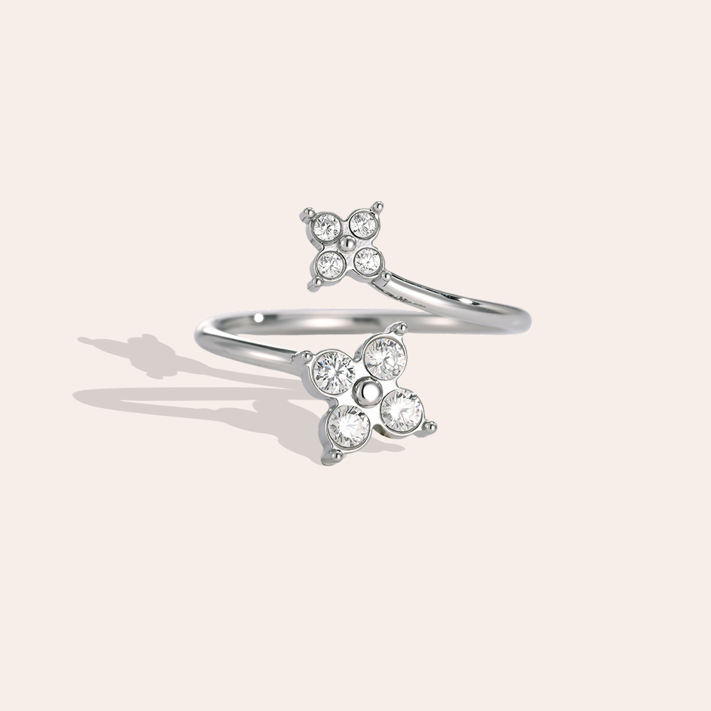 Stainless Steel Adjustable Double Cloverleaf Zirconia Ring 
