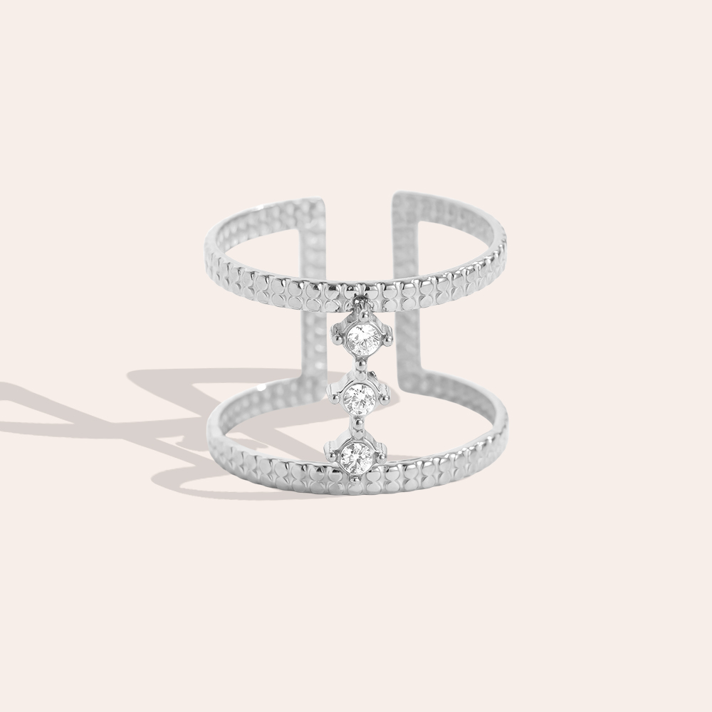 Adjustable double stainless steel ring with cubic zirconia  