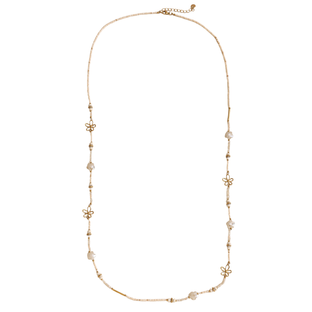 Stainless steel necklace 94cm small resin bead necklace with golden flowers