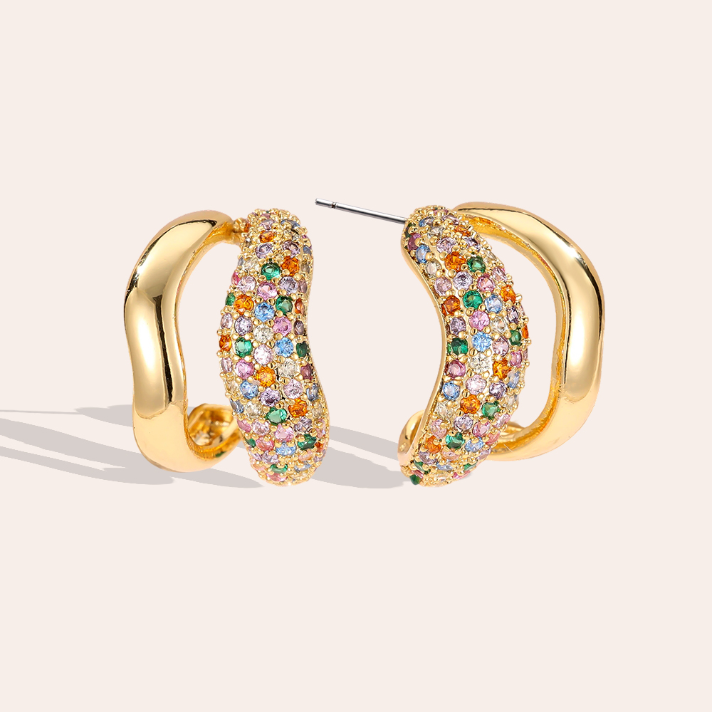 Gold-plated earrings 18mm zirconia two-layer soft wave