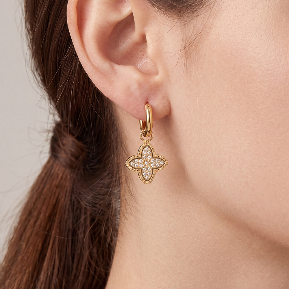 Stainless steel earrings, 25×13 mm, cubic zirconia, four-leaf clover design