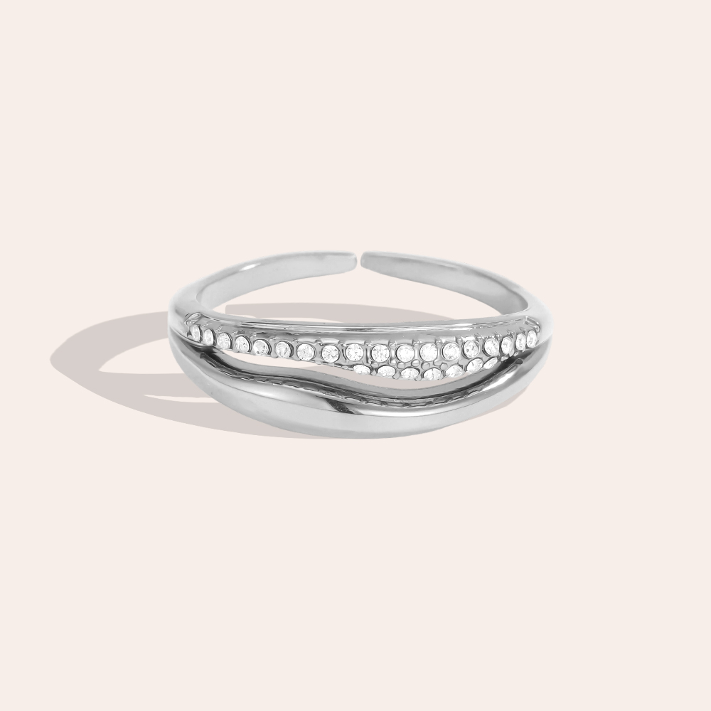 Stainless Steel Ring, Adjustable, with Double Zirconia