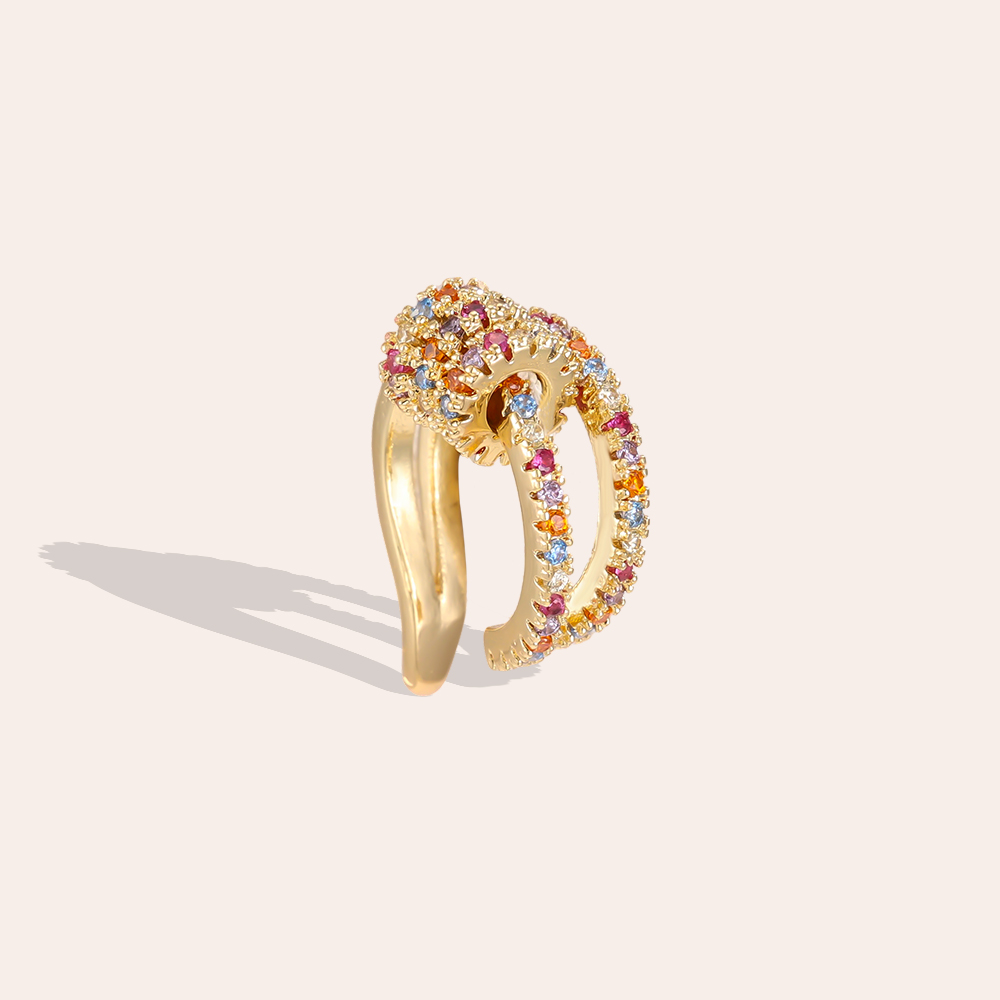 Gold-plated ear cuffs, 15mm, double-layered design with a small circle of cubic zirconia