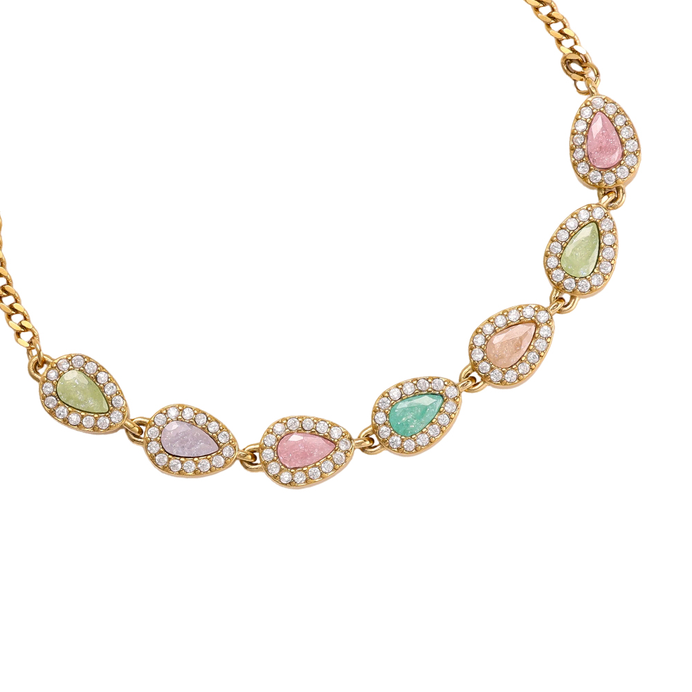 Stainless steel bracelet, 17 cm, with colourful teardrop-shaped cubic zirconia     