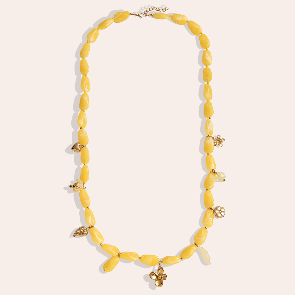 Stainless steel necklace 90cm elongated acrylic pieces and golden flowers