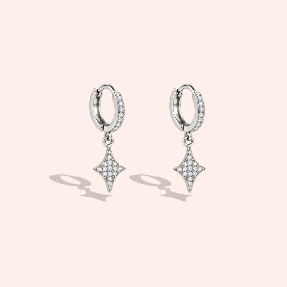 Stainless steel earrings, 27mm, cubic zirconia, four-pointed star