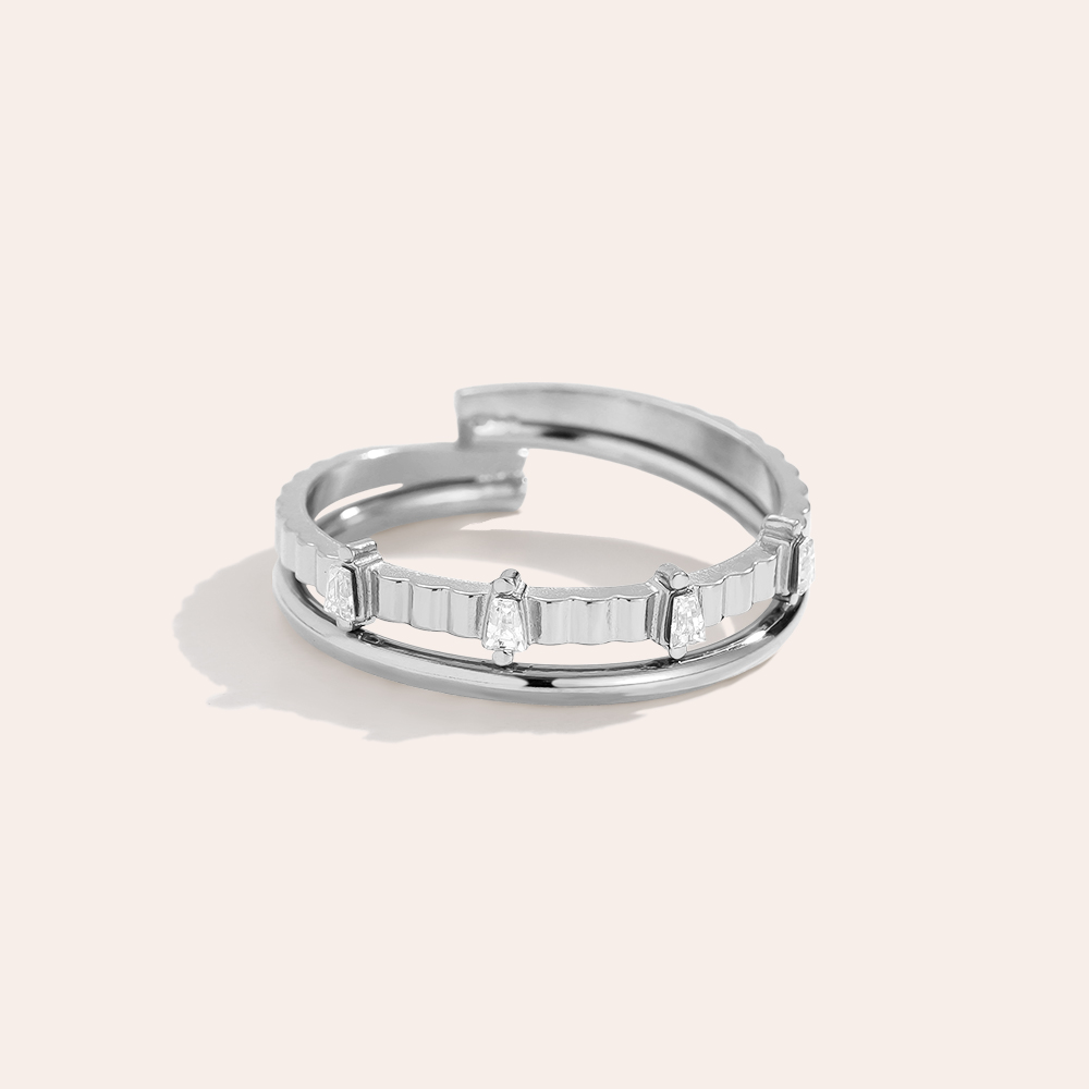 Stainless steel ring, adjustable, double-layered, with several cubic zirconia stones