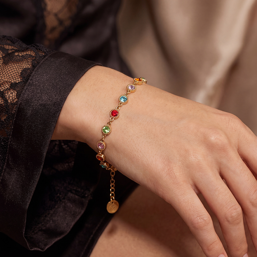 Stainless steel bracelet, 17 cm, with lots of colourful, sparkling cubic zirconia    