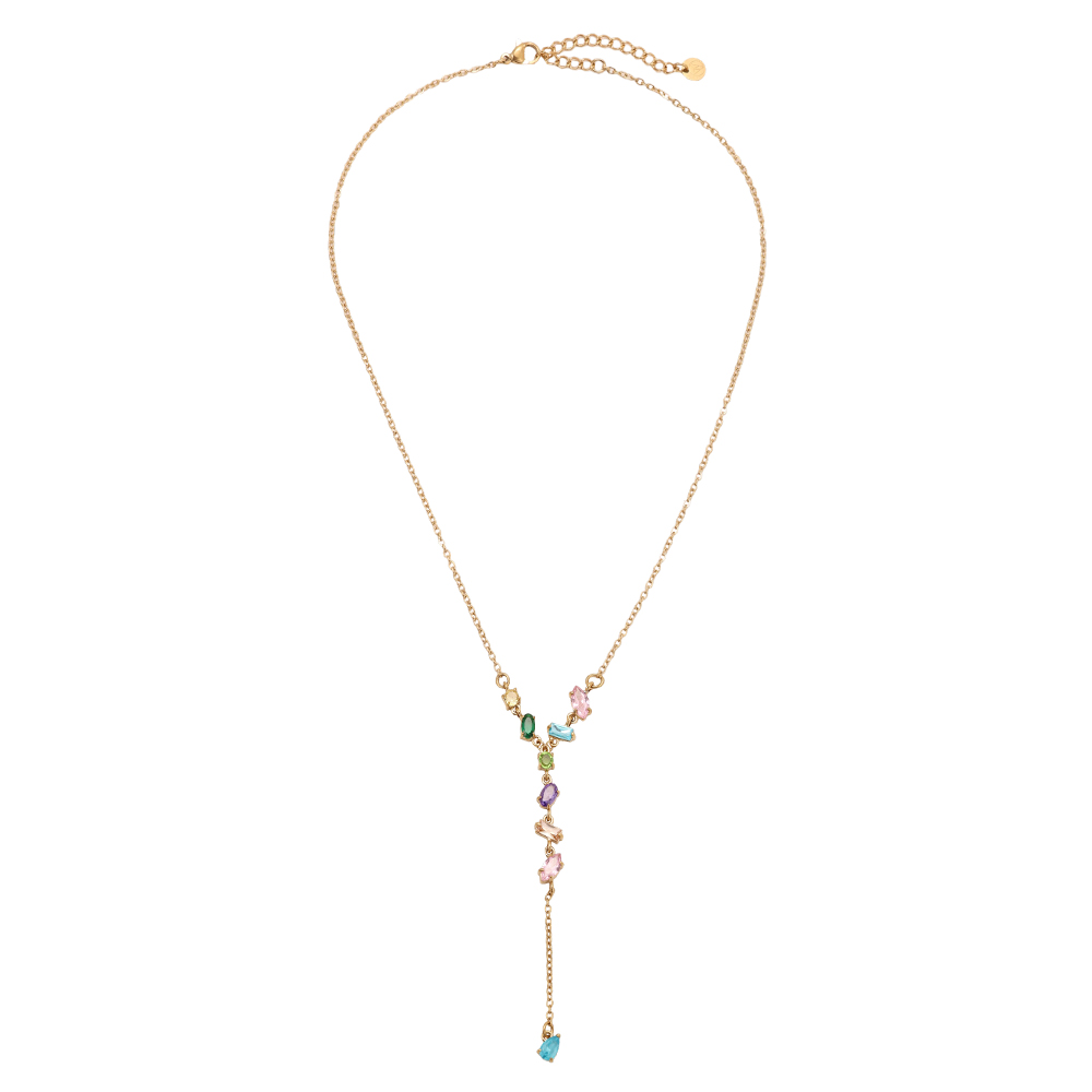 Stainless steel necklace, 40 cm, featuring various shapes and sparkling cubic zirconia