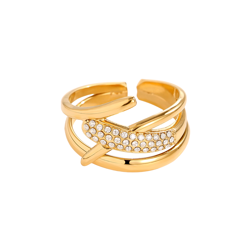 Stainless Steel Ring, Adjustable, with Zirconia, Multi-row, Crossed Design