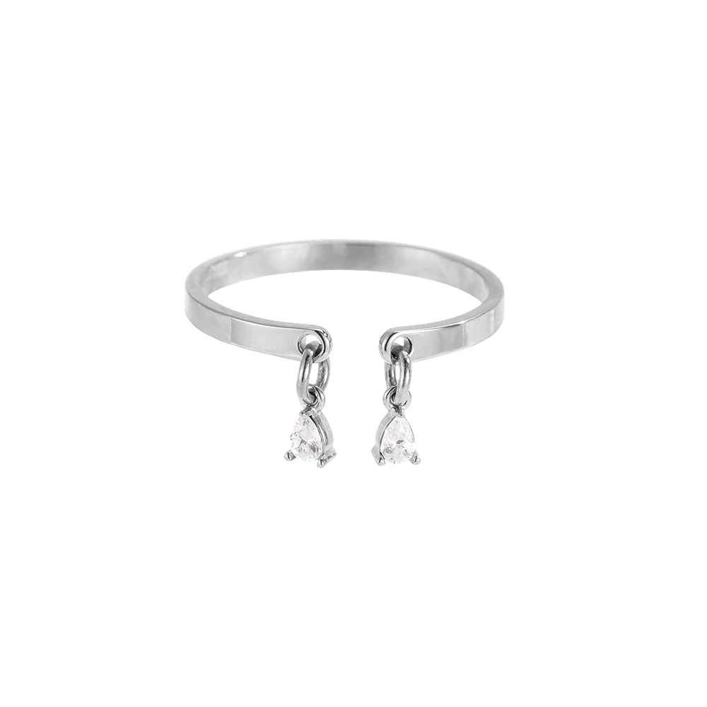 Stainless steel ring, adjustable, with two small teardrop-shaped zirconia stones