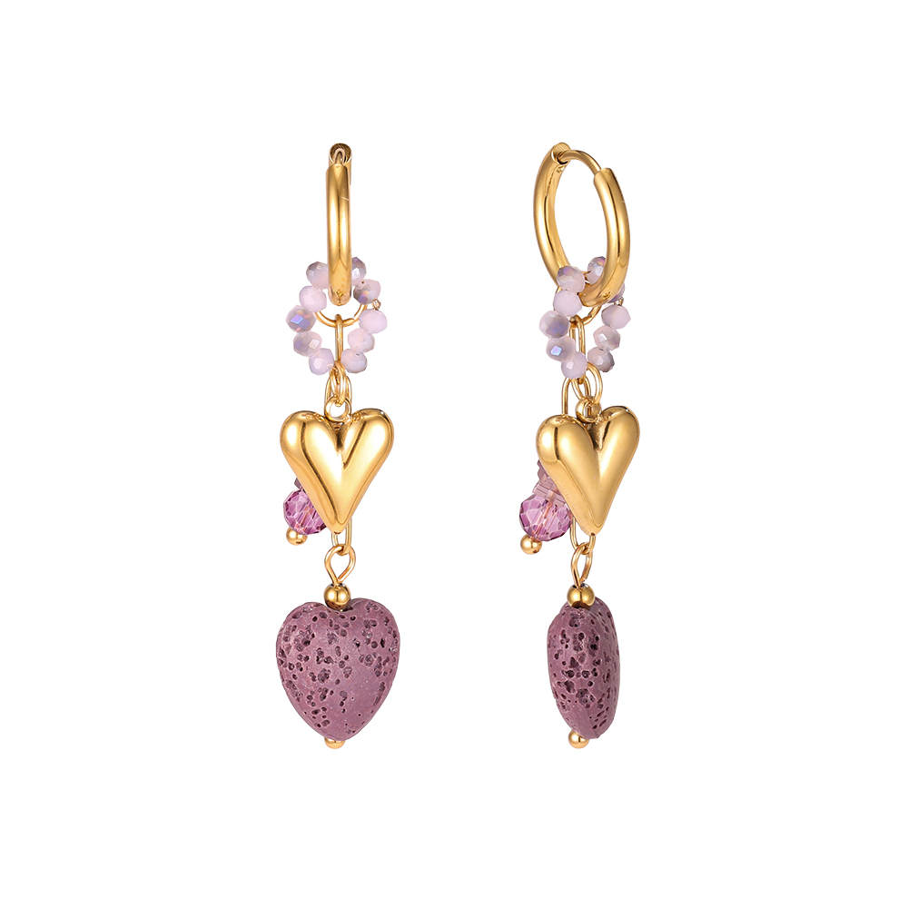 Stainless steel earrings: 56mm heart made of lava stone with crystal
