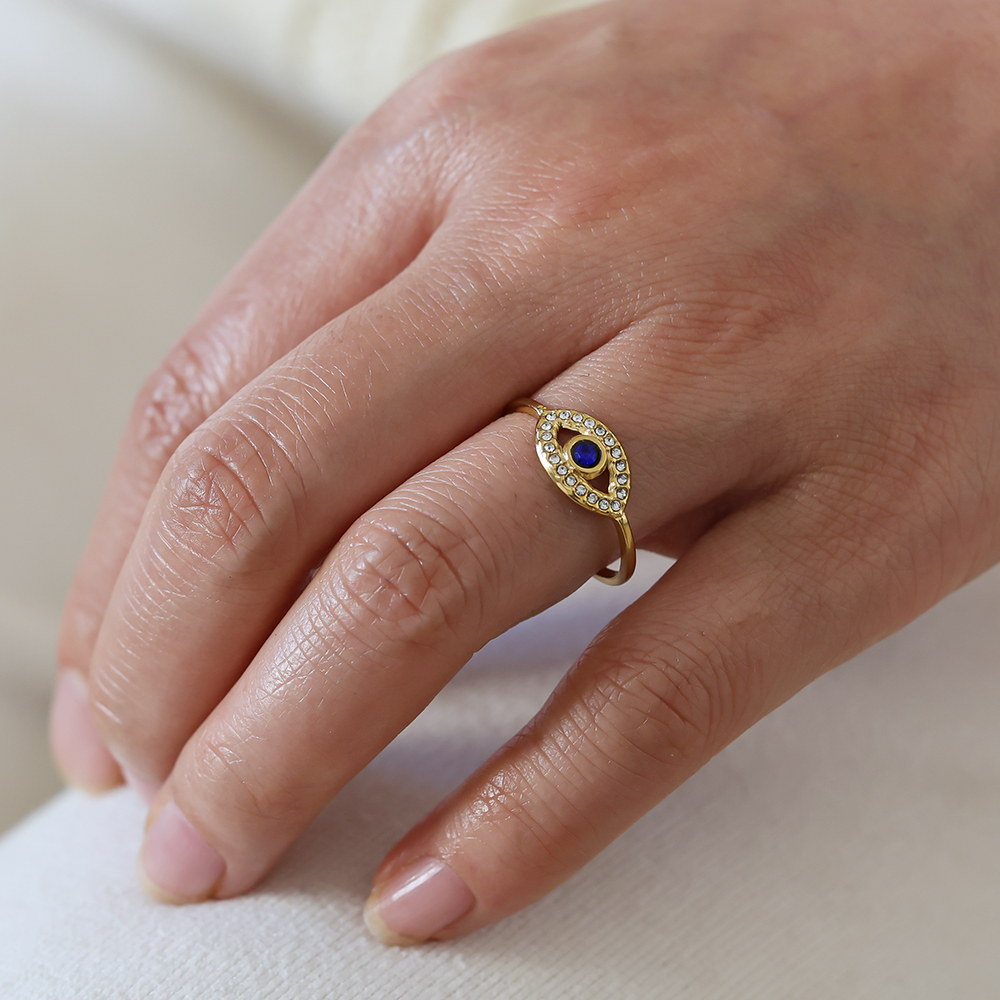 Stainless steel ring Adjustable blue zirconia eyes