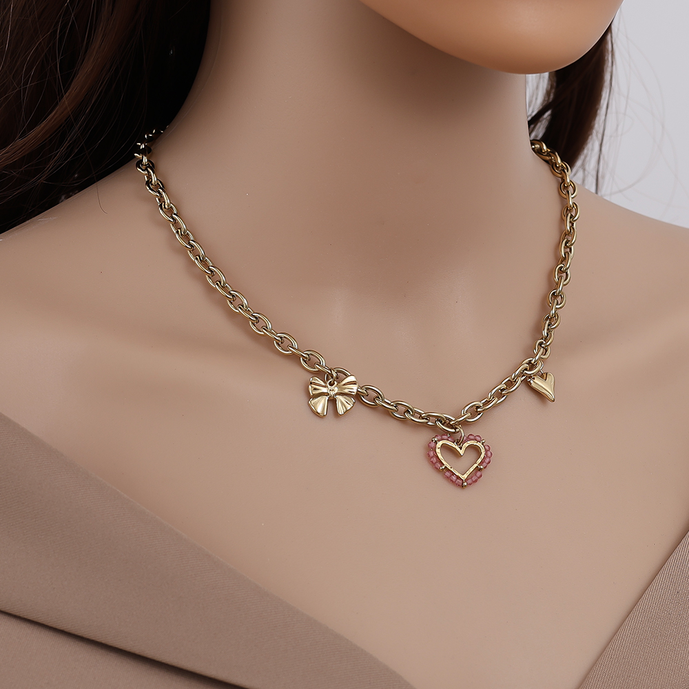Stainless steel necklace 42cm Pink Heart And Charms