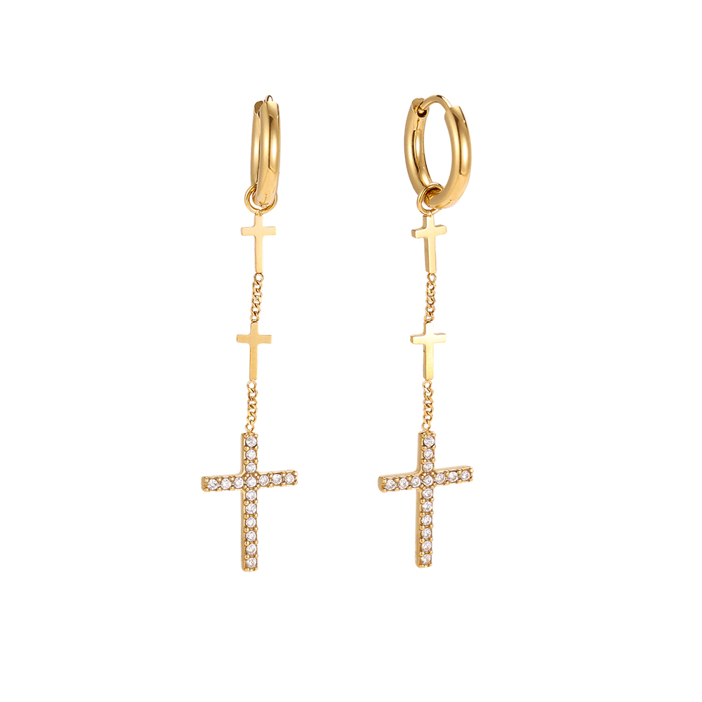 Stainless steel earrings, 50 × 12 mm, cubic zirconia cross chain