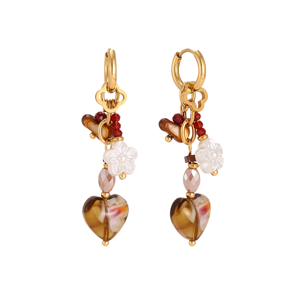 Stainless steel earrings, 52 × 12 mm, with white flowers and brown hearts