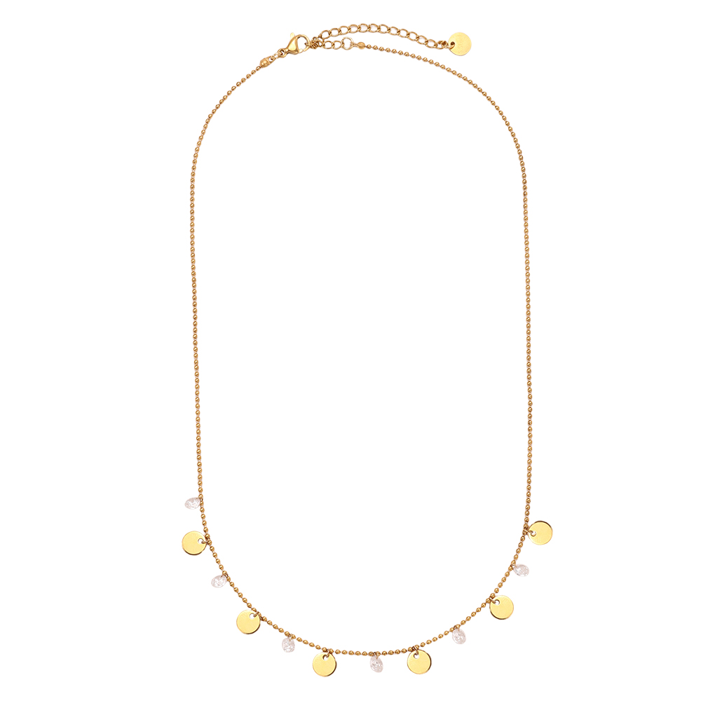 Stainless steel necklace, 40 cm, with gold-coloured discs and cubic zirconia