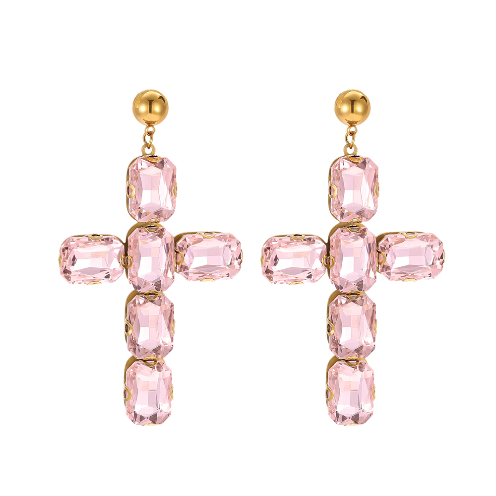 Stainless steel earrings, 70 mm, glass crystal cross 