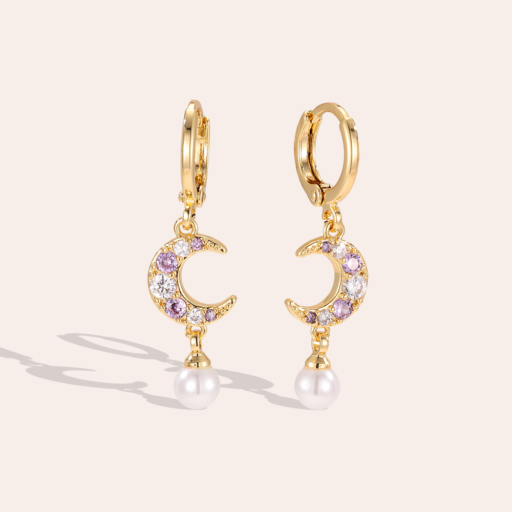Gold-plated earrings, 36mm, cubic zirconia moon